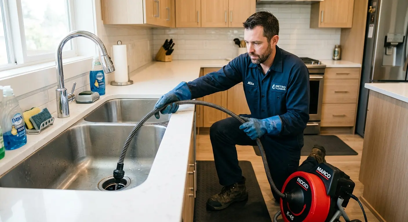 Drain cleaning technician using a motorized snake on a kitchen sink in Savannah