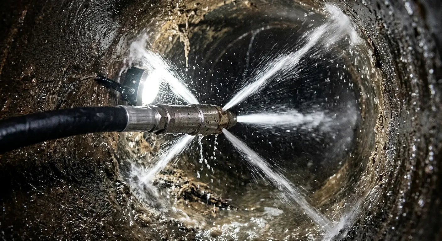 High-pressure hydro jetting nozzle cleaning sewer pipe for Emergency Drain Service in Savannah