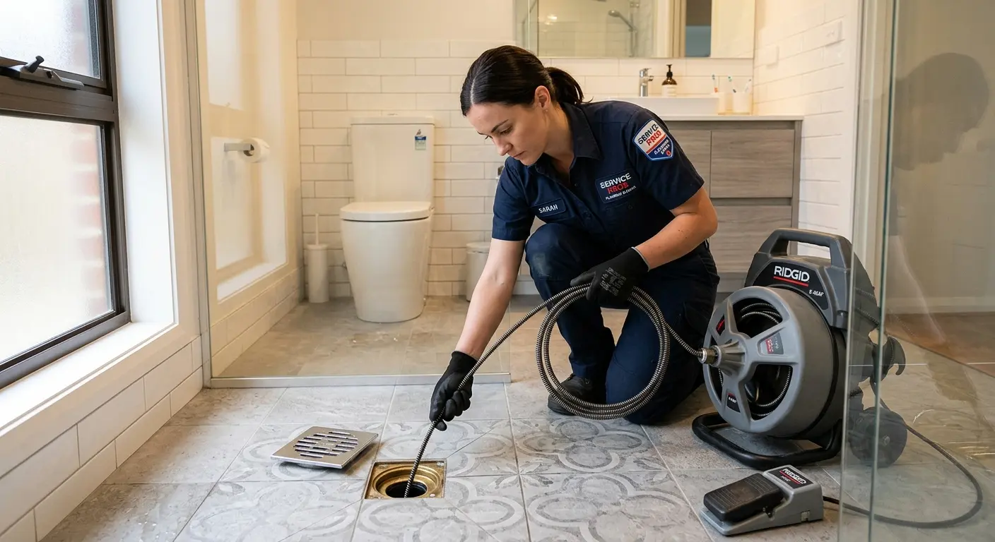 Technician clearing a bathroom floor drain for Sewer Line Installation in Savannah